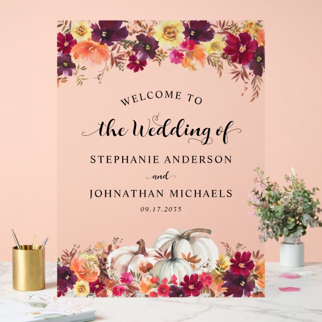 Elegant Fall Floral Pumpkin Wedding Willkommen Acrylschild (Hochzeit)