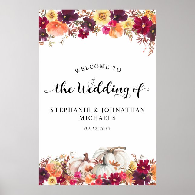 Elegant Fall Floral Pumpkin Wedding Willkommen Poster (Vorne)