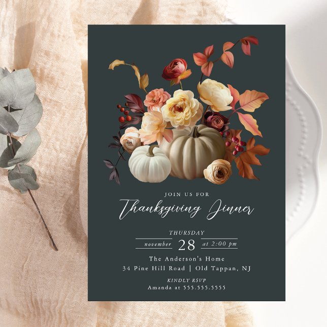 Elegant Fall Floral & Pumpkins Thanksgiving Einladung (Von Creator hochgeladen)