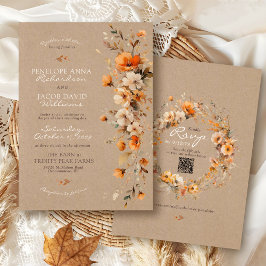 Elegant Fall Floral Rustic Kraft Autumn QR Wedding Einladung