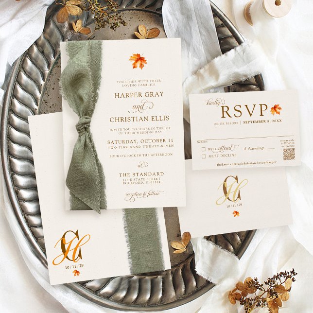 Elegant Fall Leaves Autumn Rustic Ribbon Wedding Einladung (Elegant beige rust orange brown watercolor fall maple leaf simple modern Autumn wedding invitation)