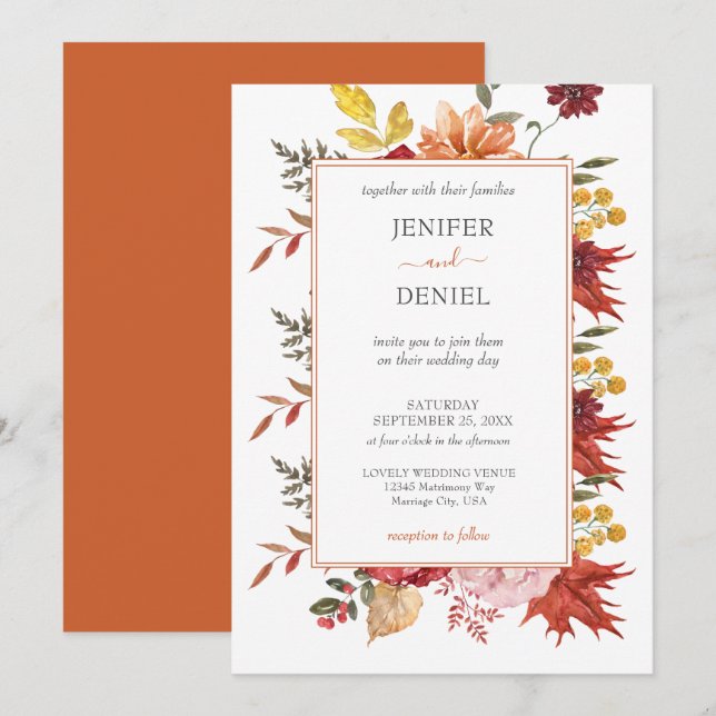 Elegant Fall Leaves Autumn Wedding  Einladung (Vorne/Hinten)