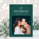 Elegant Family Photo and Name | Warm Wishes Feiertagskarte<br><div class="desc">This simple and minimalist, elegant dark green and white folded holiday card features your personal photo on the front, and an additional photo on the inside, for a total of two of your favorite family photos. Classic calligraphy along with modern text for your family name add a stylish touch and...</div>