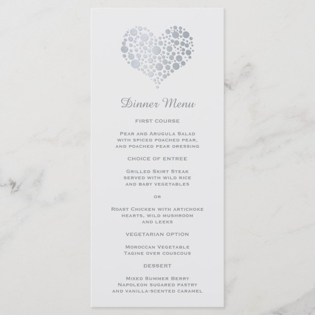 Elégant Faux Argent Foil Coeur mince Dîner Menu (Devant)