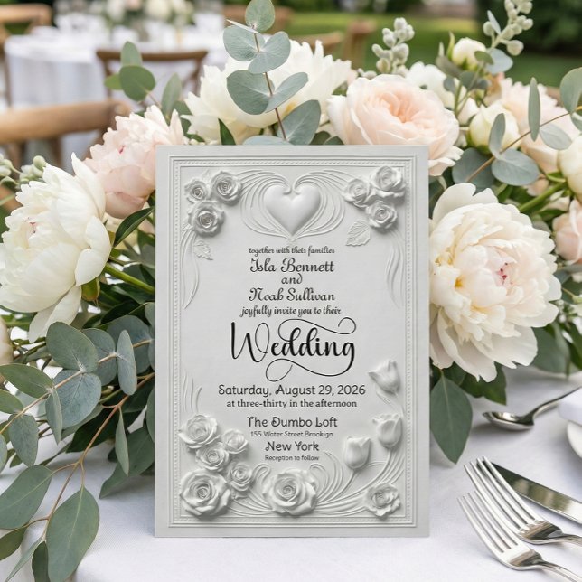Elegant Faux Embossed White Floral Heart Wedding Einladung (Von Creator hochgeladen)