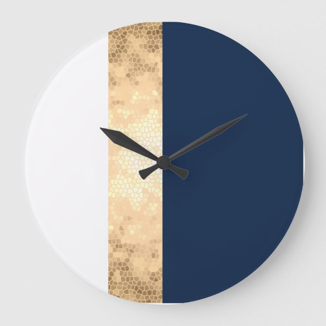 elegant faux gold, navy blue, white stripes große wanduhr (Vorderseite)