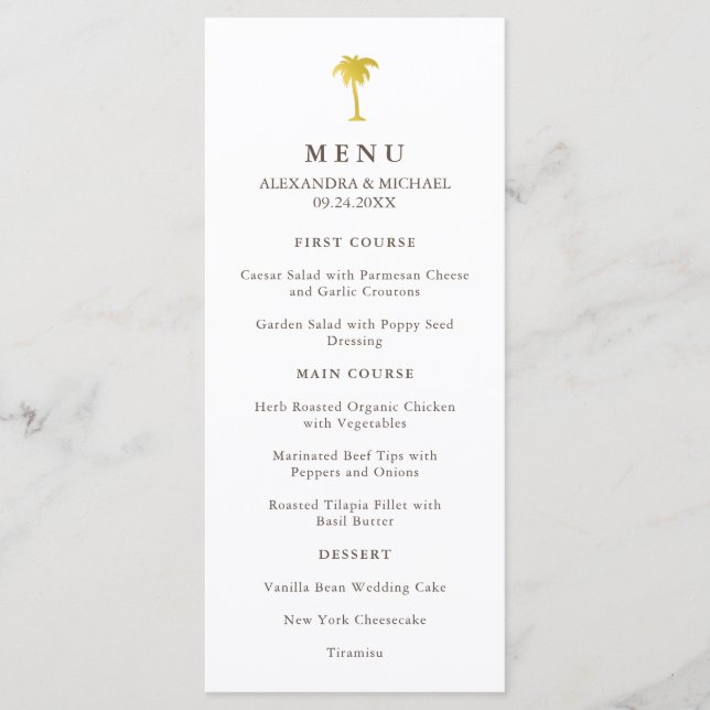 Elégant Faux Gold Palm Tree menu Mariage | Vert (Devant)