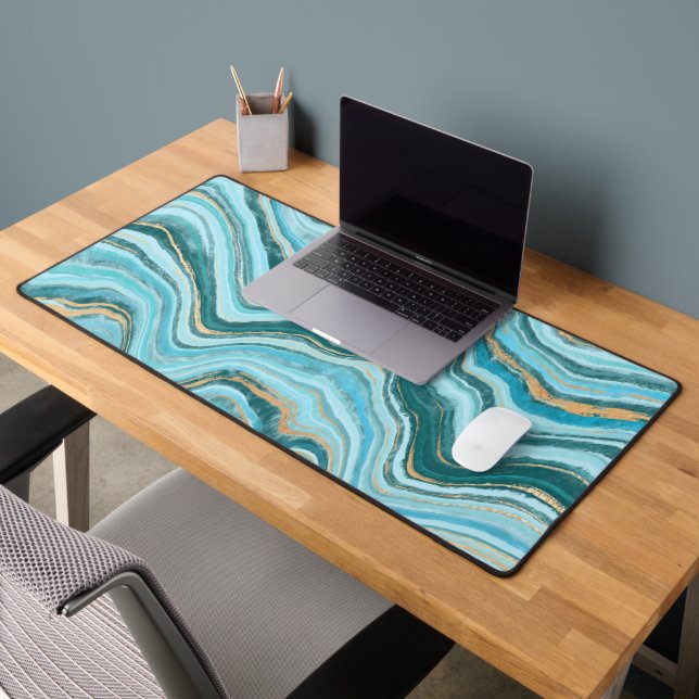 Elegant Faux Marble Blue Gold Schreibtischunterlage (Büro 2)
