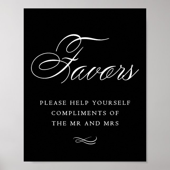 Elegant Favors White Calligraphy | Chic Table Sign Poster (Vorne)