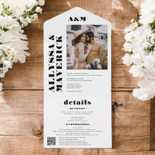 Elegant feines Schwarz-weißes Foto Hochzeit All In One Einladung