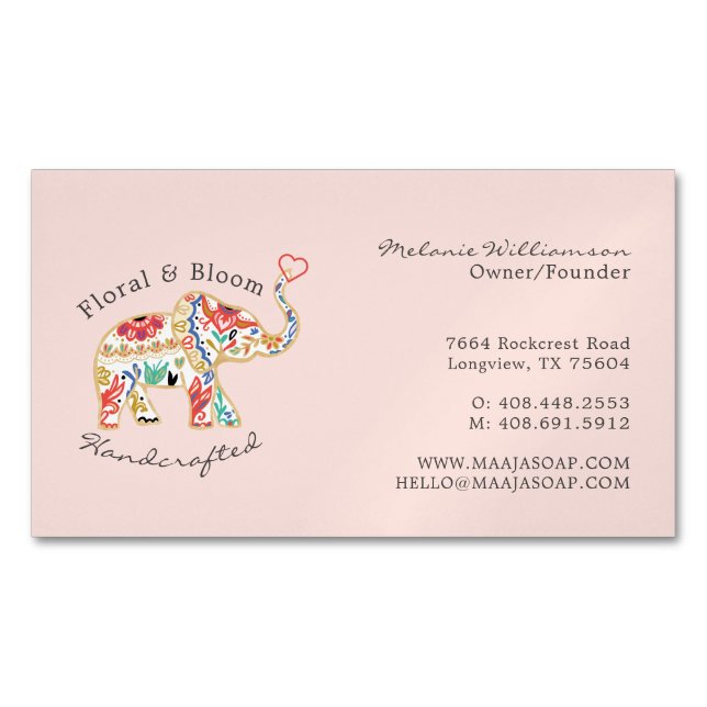 Elegant Feminie Floral Decorative Verziert Elefant Magnetische Visitenkarte (Vorderseite)