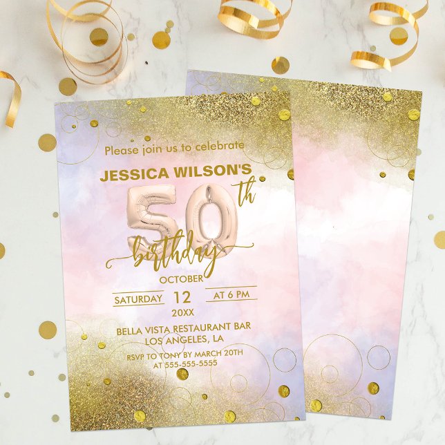 Elegant Feminine Gold Foil Balloons 50. Geburtstag Einladung (Von Creator hochgeladen)