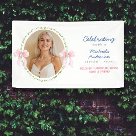Elegant Feminine Watercolor Pink Bow Photo Funeral Banner