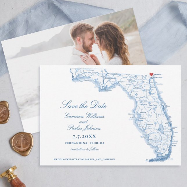 Elegant Fernandina Florida Mariage Navy Carte (Elegant Fernandina Florida Save the date with navy blue map by Coastal Map Designs)