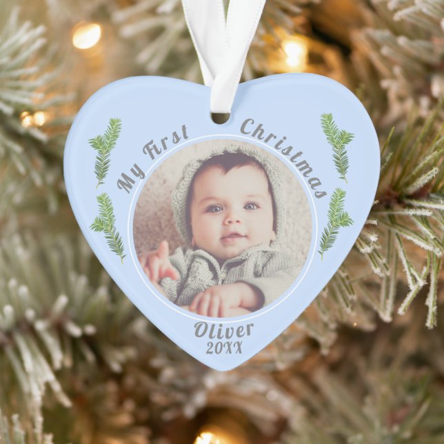 Elégant Festive Blue Baby`s First Christmas Photo (Arbre)
