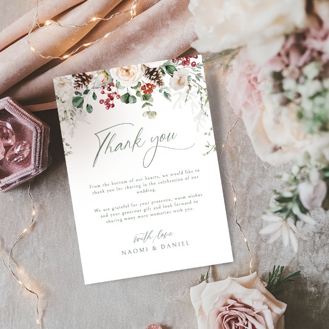 Elegant Festive Floral Holiday Winter Wedding  Dankeskarte (Elegant Festive Floral Holiday Winter Wedding Thank You Card)