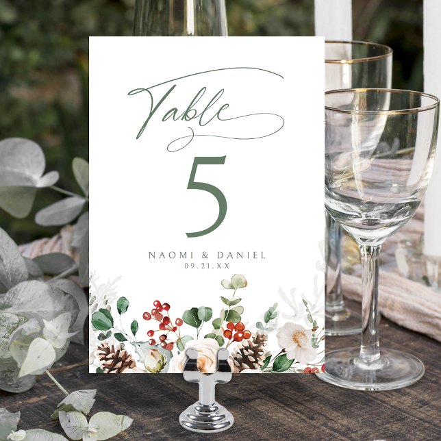Elegant Festive Floral Holiday Winter Wedding Tischnummer (Elegant Festive Floral Holiday Winter Wedding Table Number)