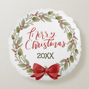 Elegant Festive Frohe Weihnachts-Wreath Red Bow Rundes Kissen