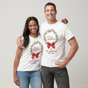Elegant Festive Frohe Weihnachts-Wreath Red Bow T-Shirt