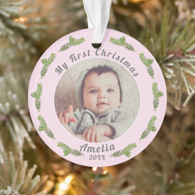 Elégant Festive Pink Baby`s First Christmas Photo (Arbre)