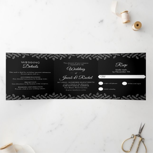 Élégant Feuille noir & blanc Mariage Tri-Fold Invi (Intérieur)