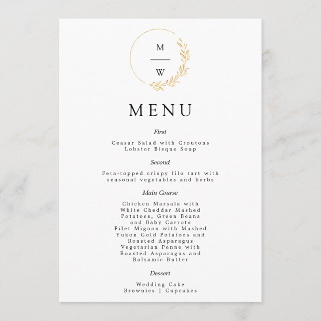 Elégant feuille or Monogramme Menu (Devant)