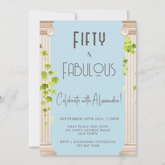 Elegant Fifty Fabulous Griechisches Thema Blue Bir Einladung (Vorderseite)