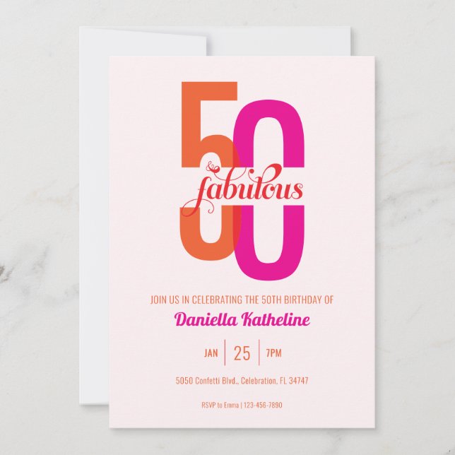 Elegant Fifty & Fabulous Orange Pink 50. Geburtsta Einladung (Vorderseite)