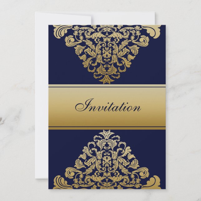 Elegant Filigree Navy Gold Wedding Einladung (Vorderseite)