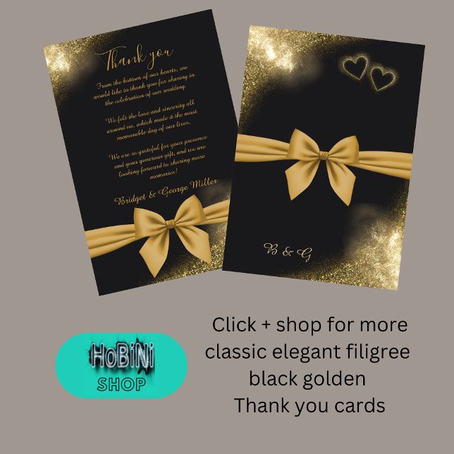 élégant filigree noir or mariage grâce carte (classic elegant filigree black golden wedding thank you cards)