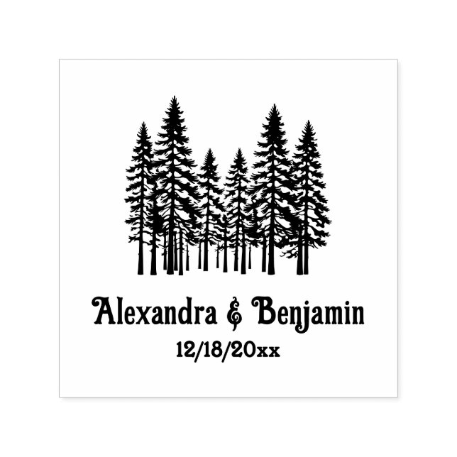 Elegant Fir Trees Wedding Couple Name Date Permastempel (Design)