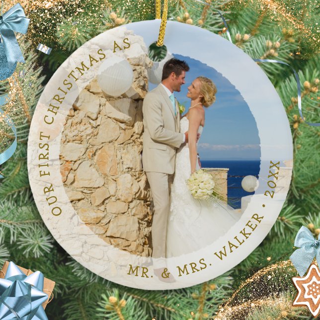 Elegant First Christmas als Mr. und Mrs. Foto Keramik Ornament (Von Creator hochgeladen)