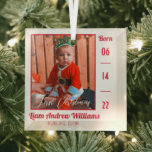 Elegant First Christmas Baby Birth Stats Photo  Ornament Aus Glas<br><div class="desc">Simple clean and minimal elegant birth stats for baby's first Christmas. With red elegant and chic script. A delicate newborn baby details ornament to size the moment of your baby first Christmas and keep it forever. Change the birth stats and birth date and also the photo and the full name,...</div>