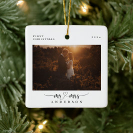 Elegant First Christmas Script Mr and Mrs Photo Keramikornament