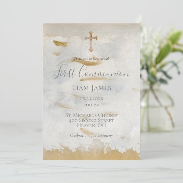 Elegant First Communion Gold Vintag Religious Einladung (Stehend Vorderseite)