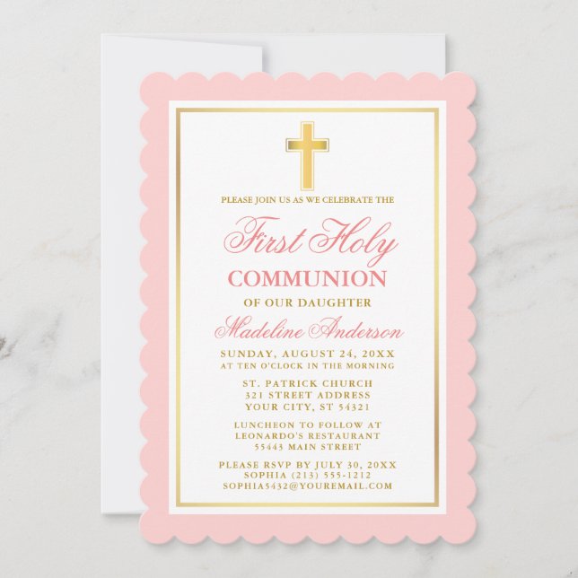 Elegant First Heilige Kommunion Rosa und Gold Einladung (Vorderseite)