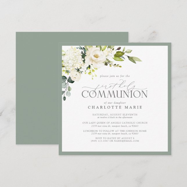 Elegant First Heilige Kommunion Sage Green Floral Einladung (Vorne/Hinten)