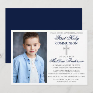 Elegant First Holy Communion Foto Blue Silver Einladung
