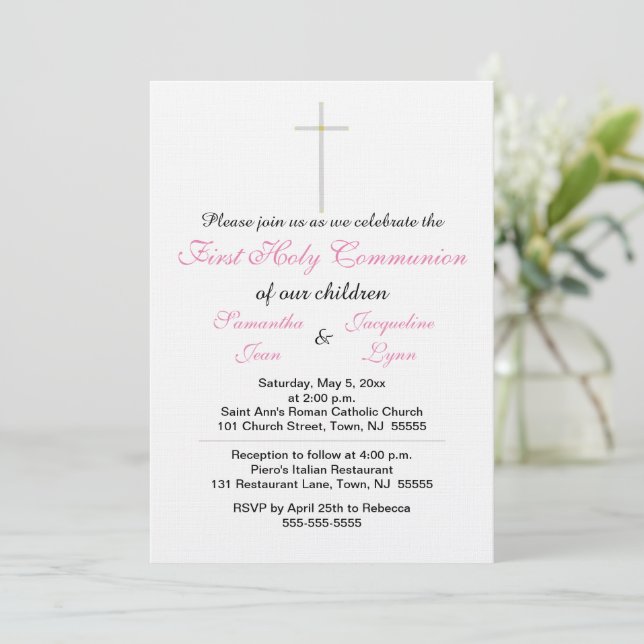 Elegant First Holy Communion Pink Twins Einladung (Stehend Vorderseite)