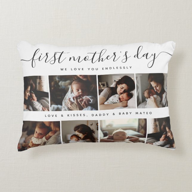 Elegant First Mother's Day Custom Foto Collage Dekokissen (Vorderseite)