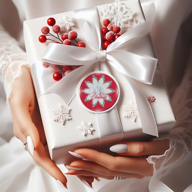 Élégant flakes de neige argenté rouge Sticker rond (Créateur téléchargé)