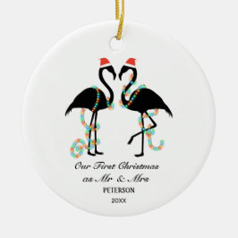 Elegant Flamingo First Christmas Married Photo Keramik Ornament