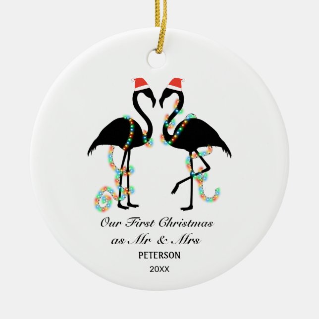 Elegant Flamingo First Christmas Married Photo Keramik Ornament (Vorne)