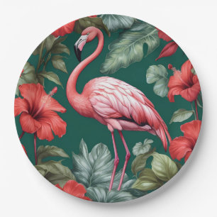 Elegant Flamingo Hibiskus Blume Emerald Green Pappteller