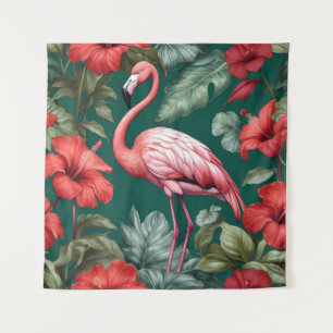 Elegant Flamingo Hibiskus Blume Emerald Green Wandteppich