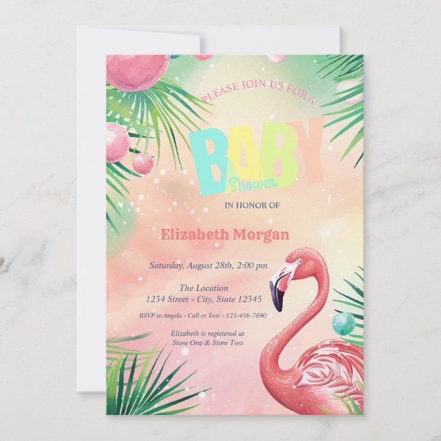 Elegant Flamingos Palm Blätter Baby Shower Einladung (Vorderseite)
