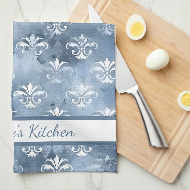 Elegant Fleur-de-Lis - Vintages blaues Französisch Geschirrtuch (Viertel Falte)