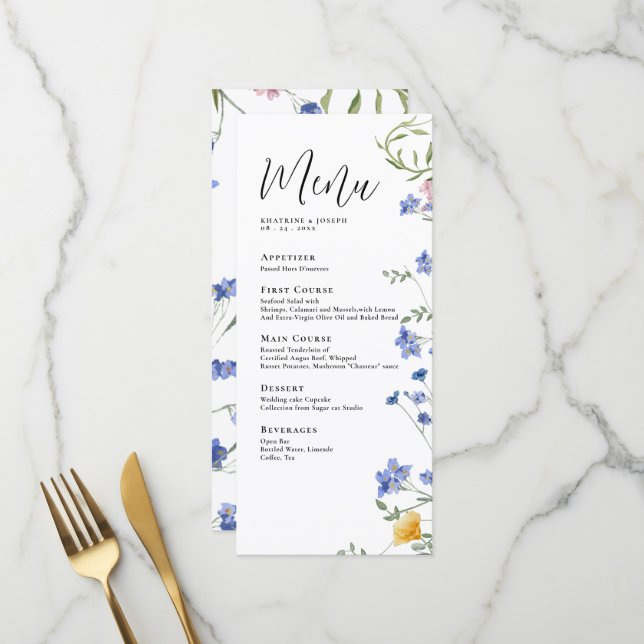Elégant Fleur sauvage aquarelle Détails Menus (Devant/Arrière en situation)