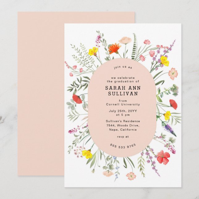 Élégant Fleur sauvage Blush Frame Invitation de di (Devant / Derrière)