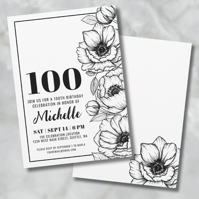 Elegant Floral 100. Geburtstag Einladung (Elegant Floral 100th Birthday Invitation)